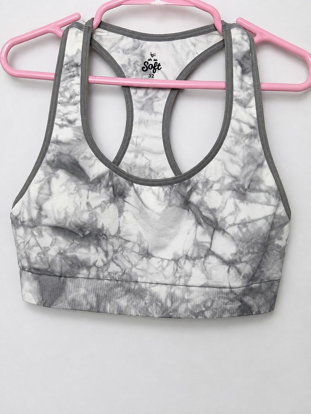 Oh So Soft Girls Marble Tie Dye Sports Bra Size 32 Gray White Racerback Activew.